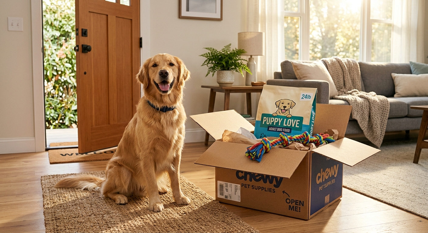 כלב גולדן רטריבר שמח יושב בסלון ביתו ליד ארגז משלוח פתוח המכיל שק אוכל לכלבים וצעצוע חבל צבעוני